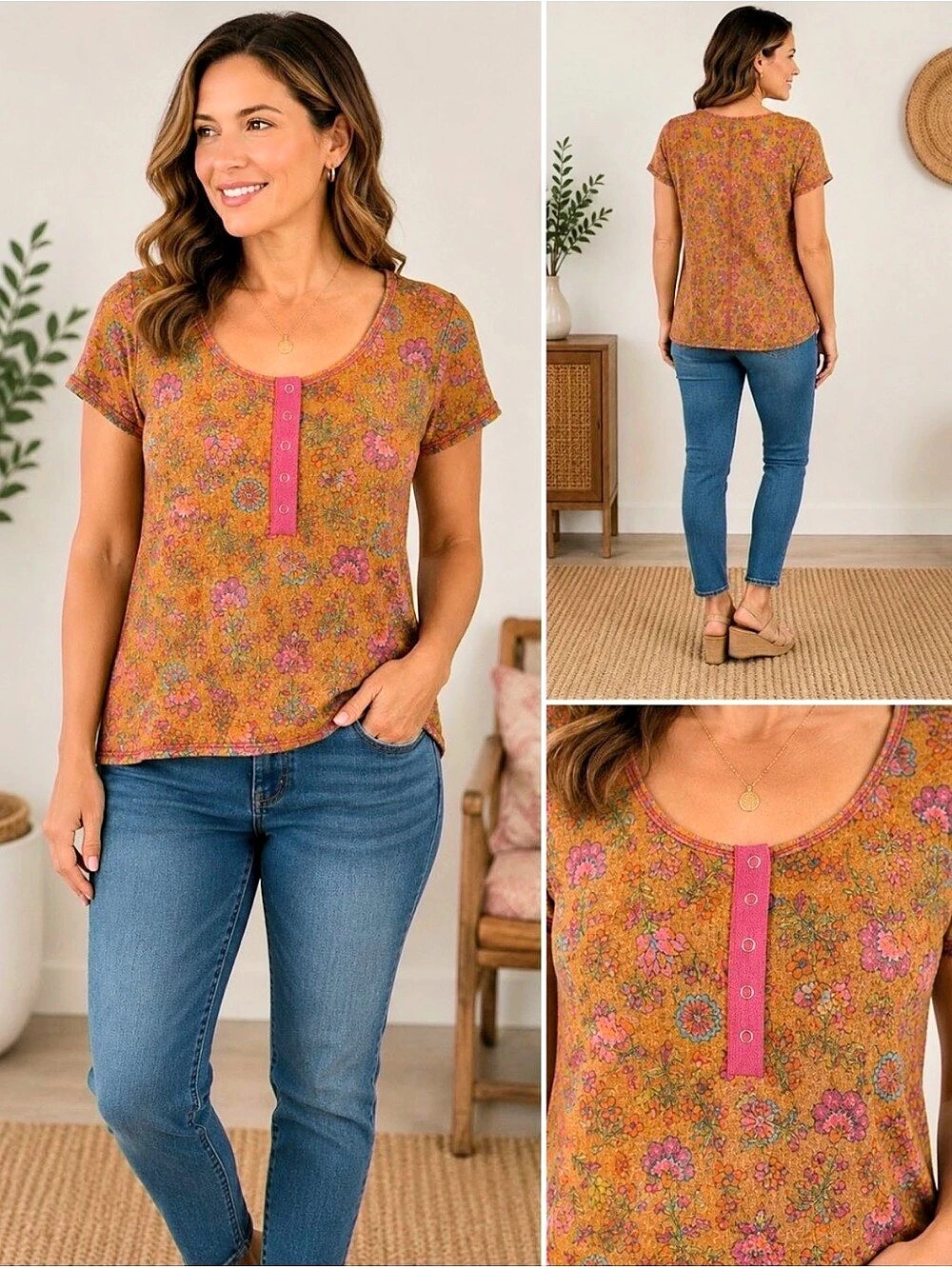 Natural Life Floral Short Sleeve Blouse in Mustard Yellow Size Small
